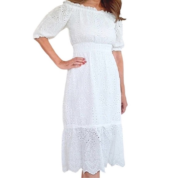 Betsey Johnson Dresses & Skirts - NWT Betsey Johnson Eyelet Midi white Dress Tiered Off Shoulder size xs
